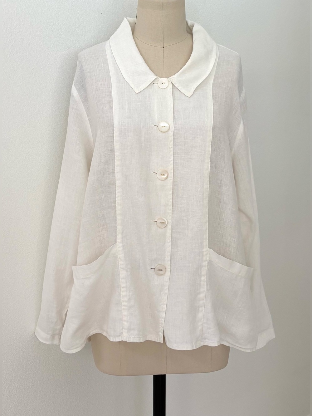 Flax Linen Button Front Top/Jacket Cream Pockets Classic Coastal Chic M